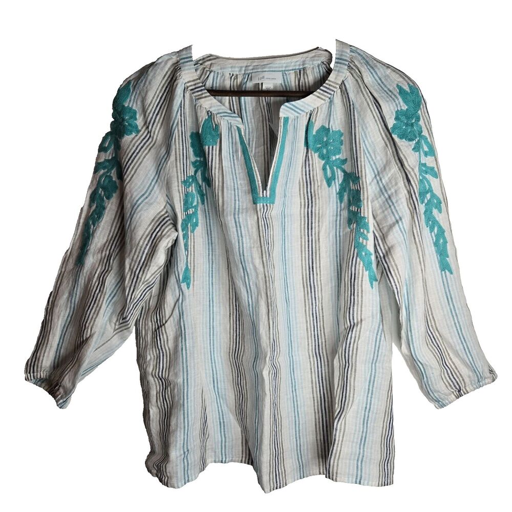 NWT J Jill Love Linen Embroidered Striped Blouse Womens Small